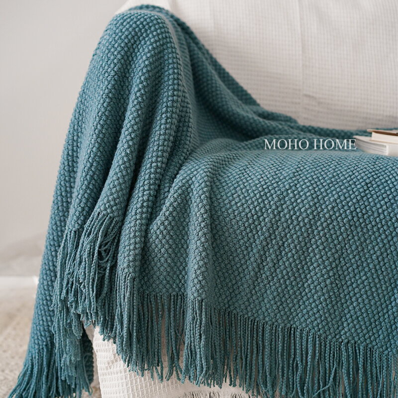 北歐莫蘭迪色針織毯米粒紋新款春夏沙發蓋裝飾毯床尾巾包郵霧霾藍
