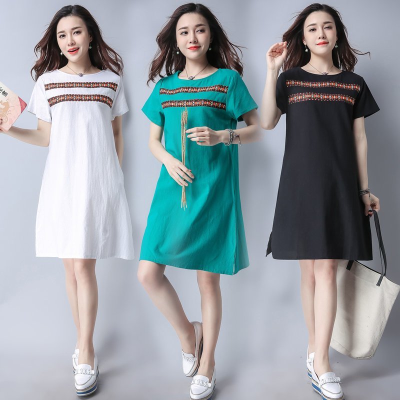 FINDSENSE G5 韓國時尚 夏季 棉麻 大尺碼 女裙 刺繡 寬鬆 短袖 連身裙