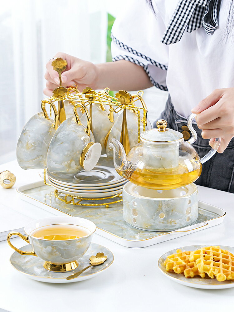 歐式大理石紋陶瓷玻璃花茶具套裝客廳下午茶茶具水果茶壺帶過濾