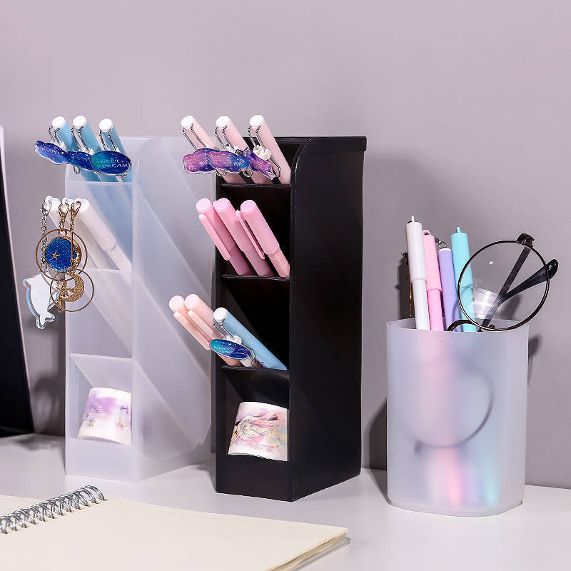 簡約斜插式透明磨砂桌面筆筒辦公室課桌收納盒筆桶學生文具用品