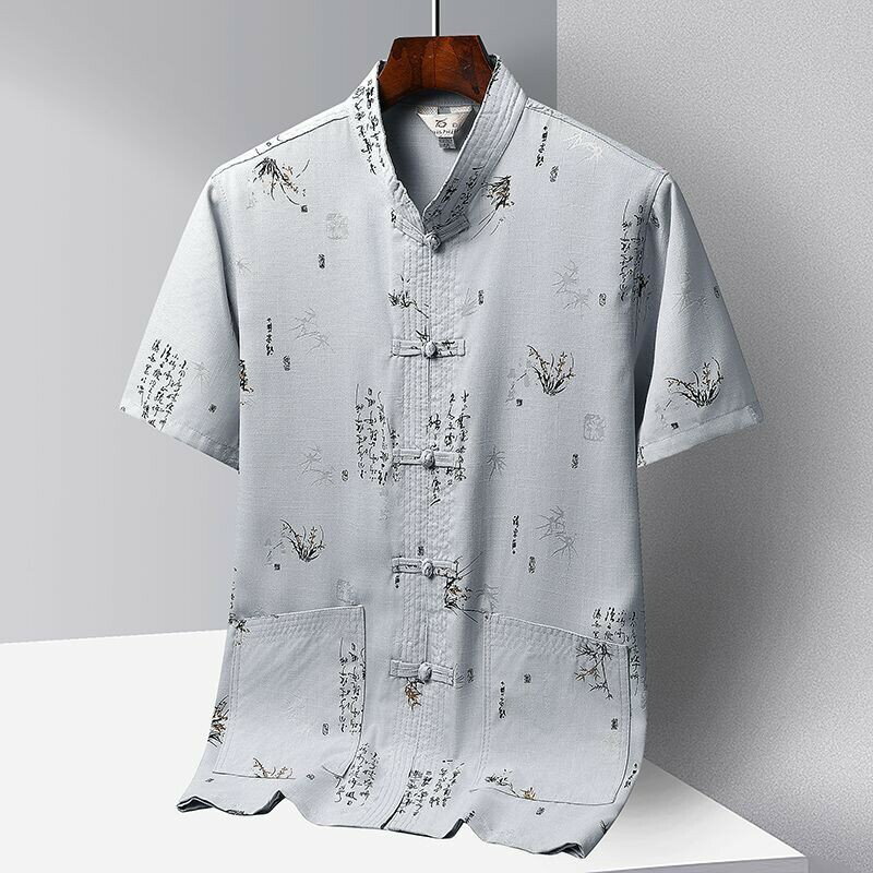 中老人唐裝短袖襯衫套裝男|夏裝爸爸裝兩件套夏裝國風男裝漢服爺爺老人衣服韓係穿搭韓版衣服大尺碼