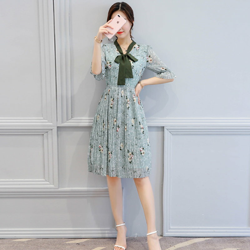 FINDSENSE G5 韓國時尚 夏季 修身 顯瘦 中長款 褶皺 繫帶 雪紡 碎花 連身裙 女裙