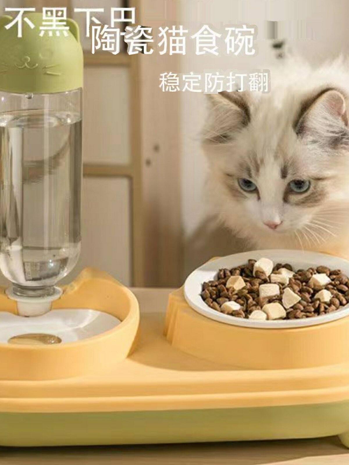 貓碗陶瓷雙碗自動飲水碗貓咪食盆寵物狗狗碗飯盆貓喝水喂食一體碗