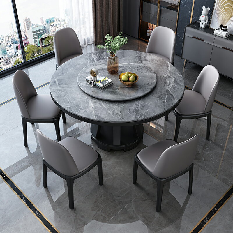 餐桌椅組合 現代簡約 帶轉盤 圓形型實木 家用 飯桌大理石圓桌