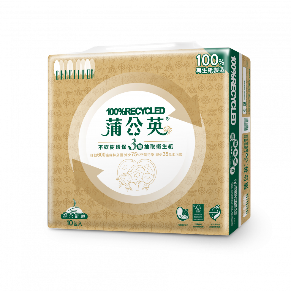 蒲公英三層綠茶舒適環保抽取衛生紙(100抽/10包/7串/箱) 1