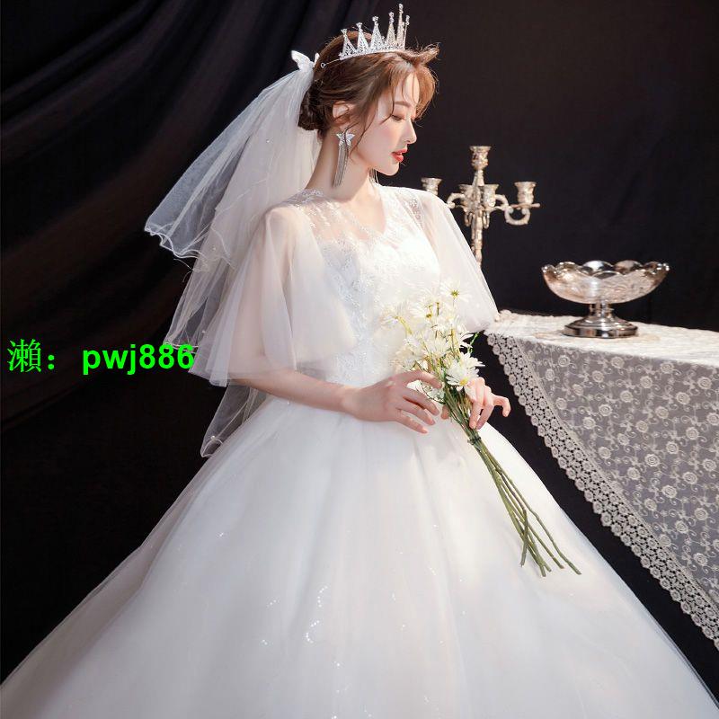 主婚紗禮服2023短袖韓版娘顯瘦蕾絲森系簡約齊地V領遮手臂結婚紗