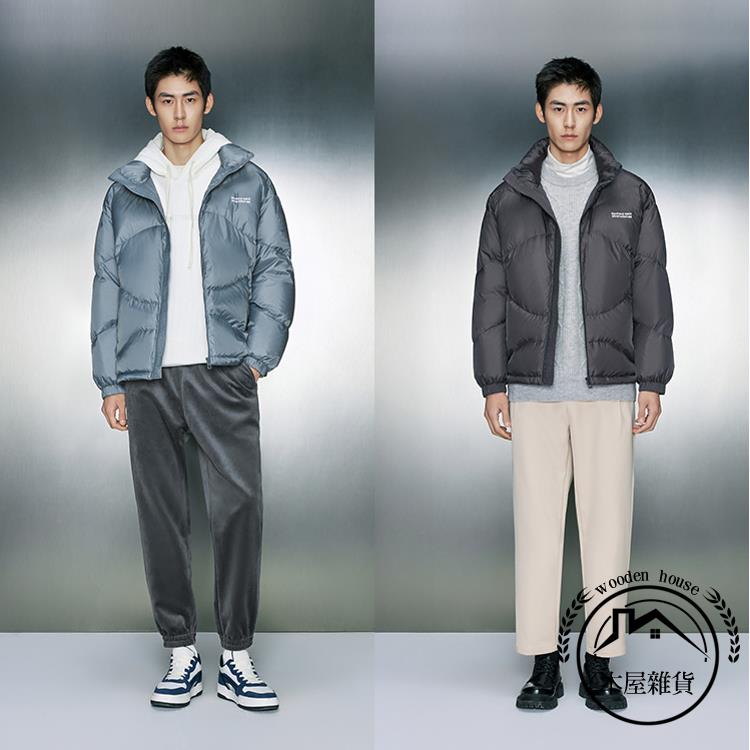 【買贈圍巾】潮流暗格紋面包服羽絨服男寬版立領羽絨服外套【木屋雜貨】