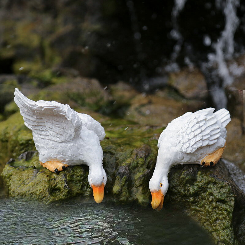 戶外庭院假山魚缸水景魚池裝飾造景佈置創意模擬動物喝水鴨子擺件