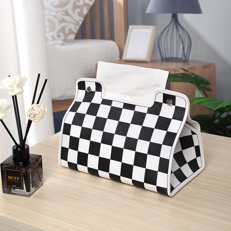 面紙盒 棋盤格紙巾盒家用客廳創意高檔抽紙盒皮質茶幾餐廳多功能收納盒面紙套