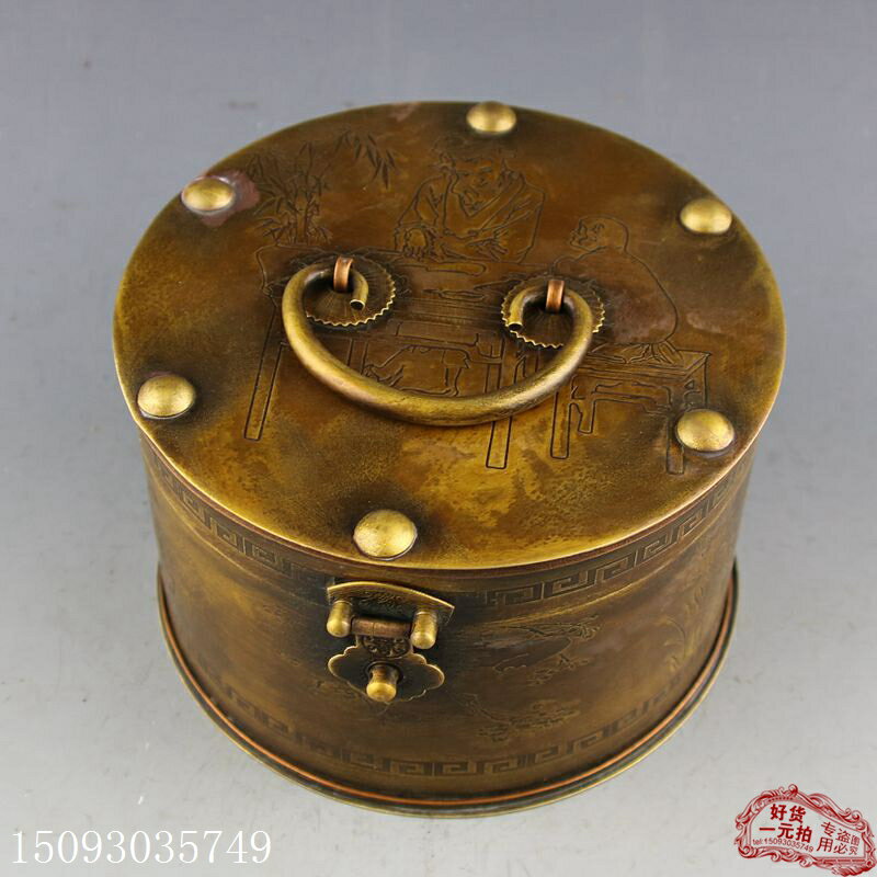 銅器雜項收藏 黃銅仿古侍女首飾盒 家用擺件 精美工藝 圓形首飾盒
