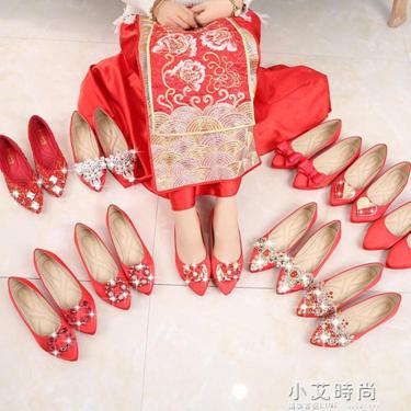 中式秀禾鞋婚鞋女2019新款紅色粗跟高跟結婚敬酒鞋紅鞋平底新娘鞋 雙十一購物節