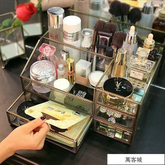 梳妝臺化妝品收納盒 歐式玻璃復古非亞克力護膚品口紅抽屜整理 雙十一購物節