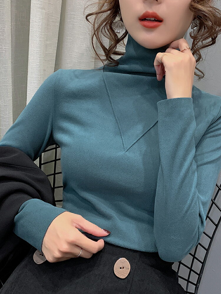 歐貨新款雙面絨高領打底衫女秋冬加厚修身雙磨毛洋氣內搭上衣1入
