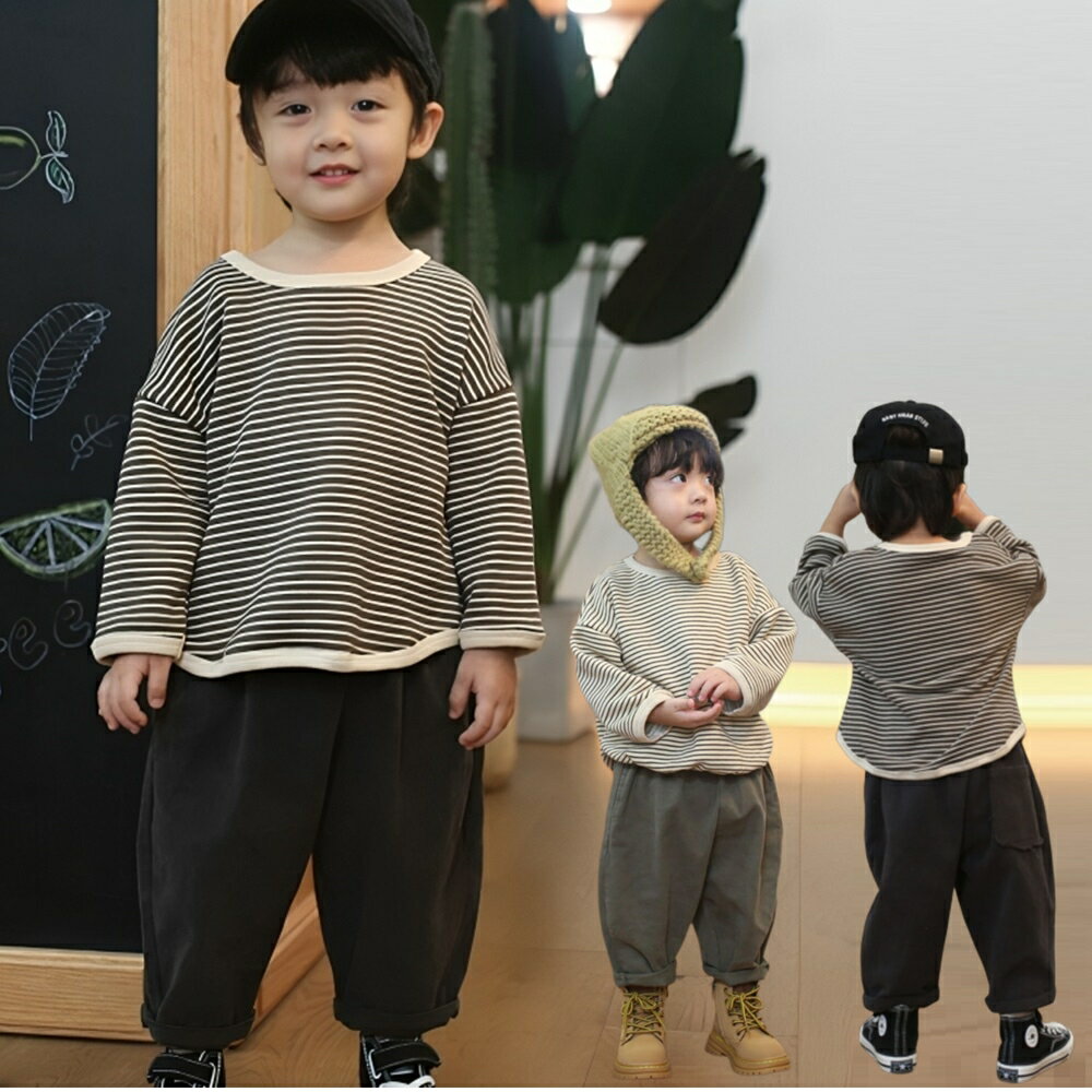 Baby童衣 韓風條紋上衣 男女童百搭長袖圓領T 男童歐巴風落肩袖T-Shirt 女童外出上衣 89095