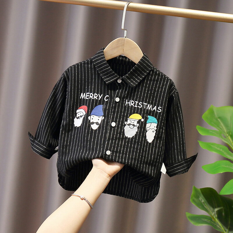 男童寶寶時尚豎條紋長袖襯衫嬰兒童裝春秋韓版中小童卡通上衣 2