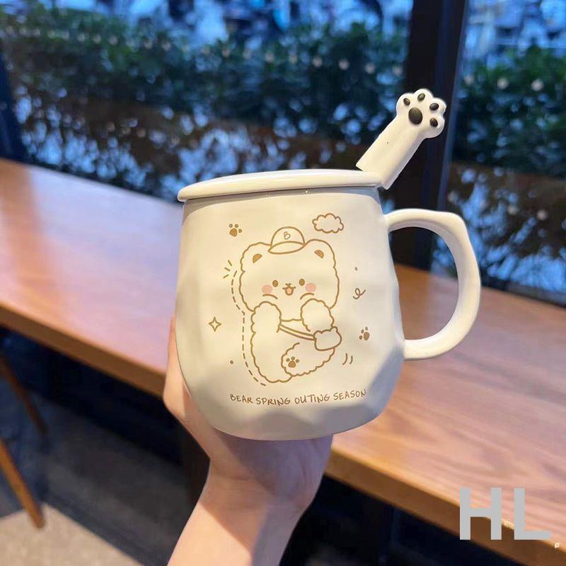 HL 馬克杯帶蓋帶勺子呆萌杯子陶瓷女學生韓版可愛水杯家用早餐咖啡杯