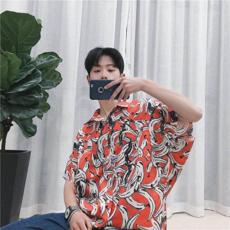FINDSENSE MD 時尚 男 韓國 休閒 寬鬆 襯衣外套 彩色香蕉 短袖襯衫