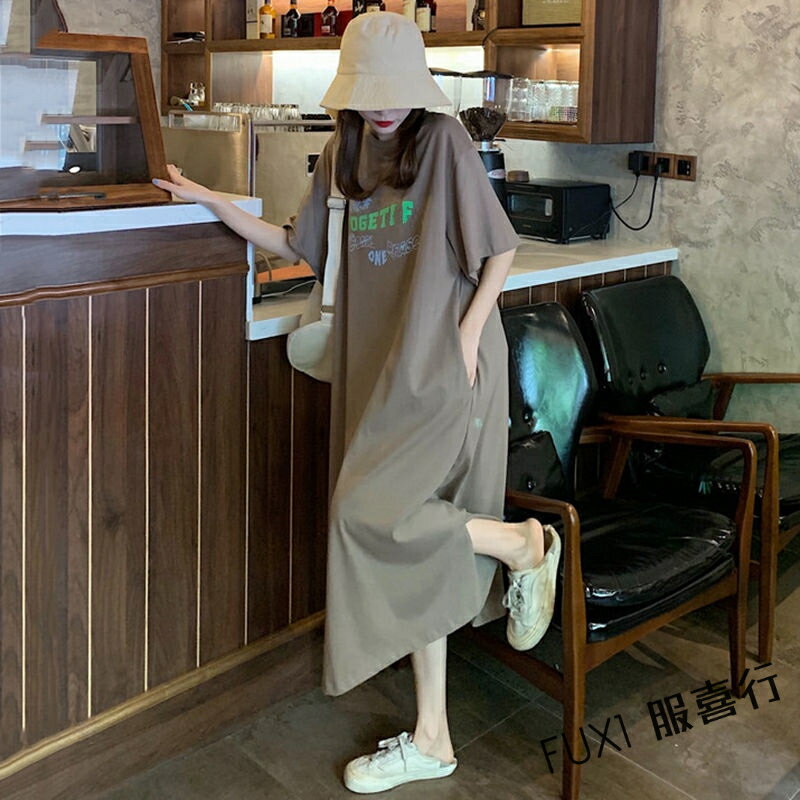 T恤裙 短袖連身裙 女生裙裝 中長款休閒長裙 短袖洋裝 韓版寬鬆顯瘦裙子 大尺碼洋裝 長裙