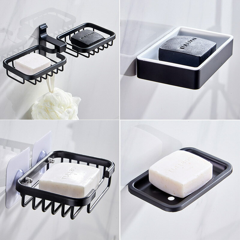 免打孔肥皂架壁掛式浴室置物架黑色太空鋁瀝水肥皂盒衛生間香皂架