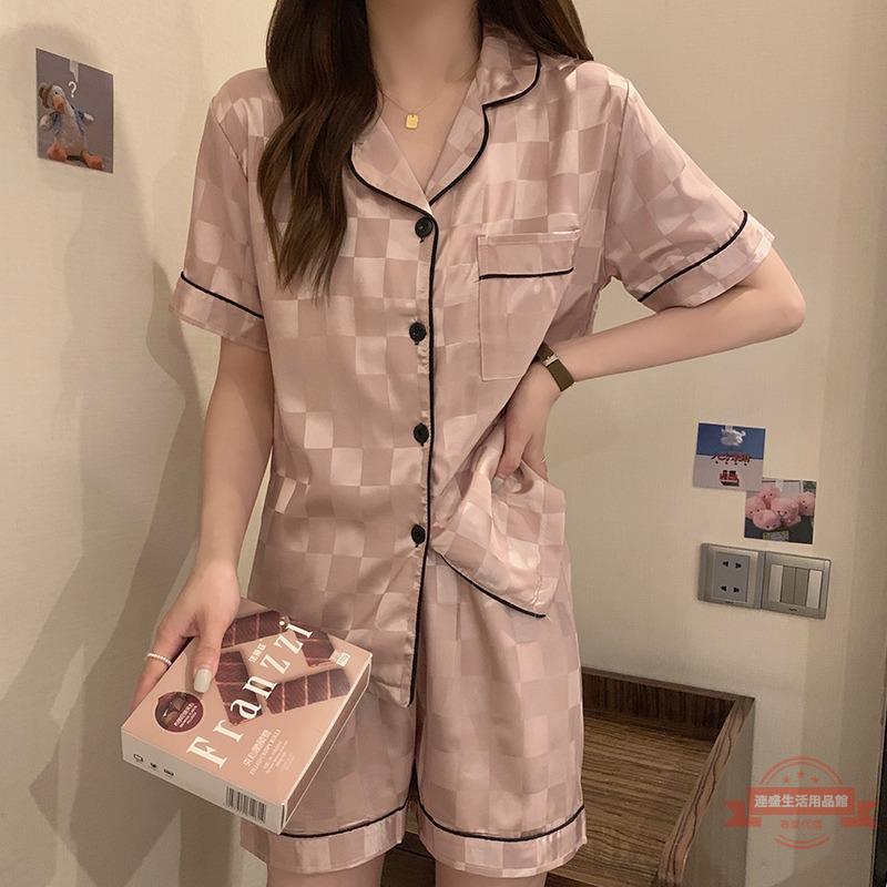 夏季短袖睡衣女冰絲高階感棋盤格簡約網紅ins純色絲綢家居服套裝