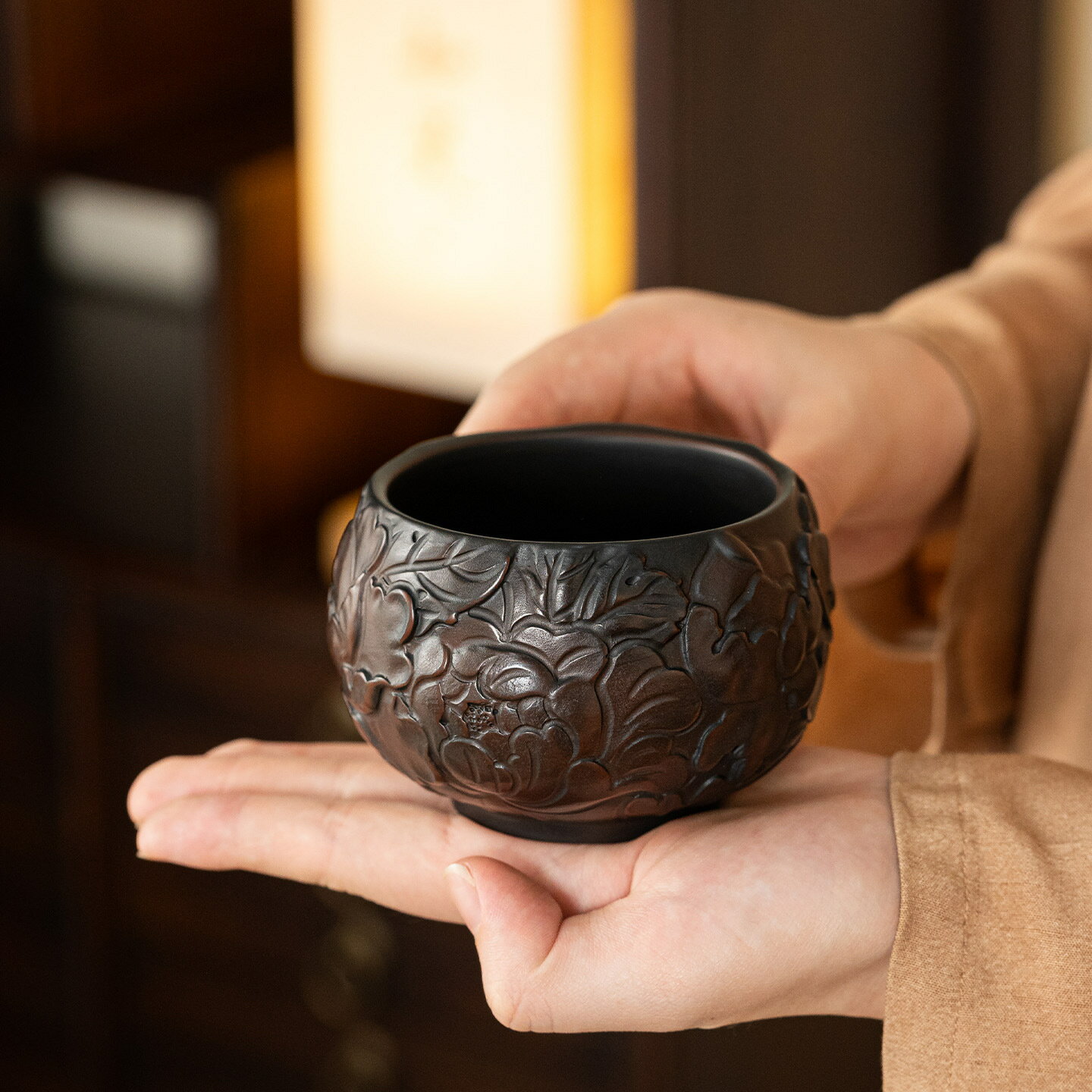 紫陶復古手工堆雕蓮花茶杯家用客廳主人杯單杯功夫茶具品茗杯水杯