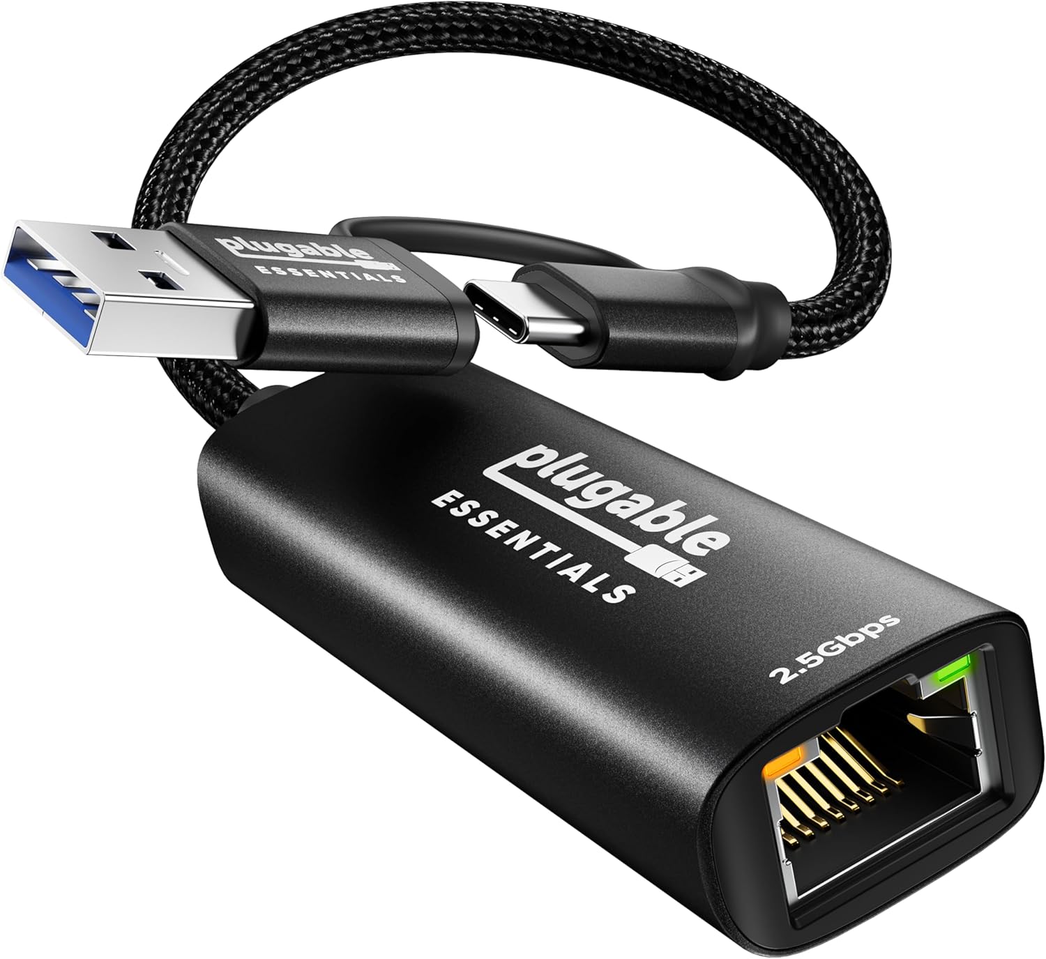 [6美國直購] Plugable ES-C2500B 2.5Gbps USB-C + TYPE-A 轉 Ethernet Adapter 乙太網路轉接器 鋁合金 編織線