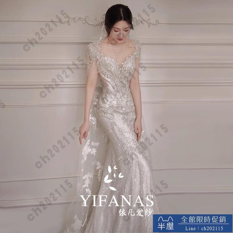 尾牙禮服 洋裝 魚尾輕婚紗新娘2024新款主紗高階輕奢小眾出門迎賓紗領證法式禮服交換禮物 三木優選