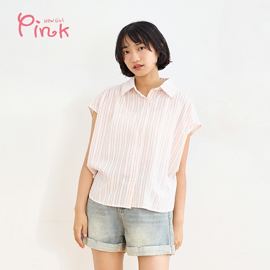 Pink*翻領橫條簡約襯衫(2色) Y5207BT