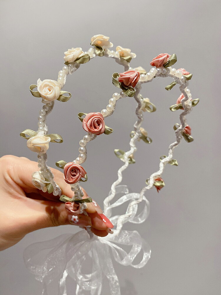 高級感珍珠花朵發箍女超仙法式綁發飄帶絲帶編發頭箍發捆頭飾發卡
