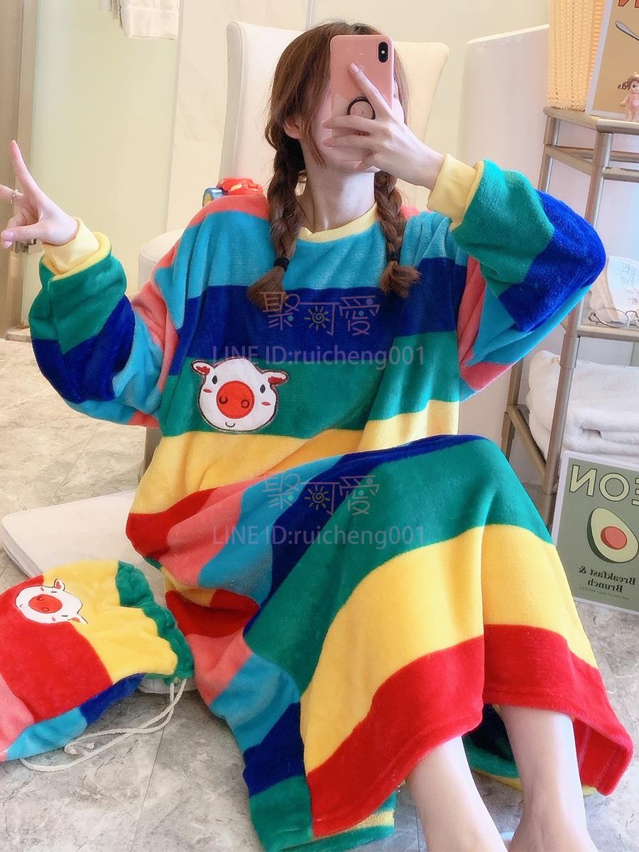 睡裙女 秋冬加厚法蘭絨可愛寬松大碼睡衣 珊瑚絨胖MM加肥中長款【不二雜貨】