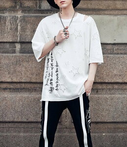 FINDSENSE H1夏季 新款 韓國 街頭 破洞字母印花 時尚 寬鬆 個性短袖 半袖T恤 潮男 上衣