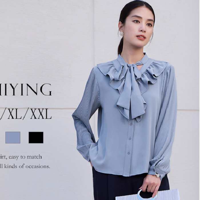 波浪荷葉領綁蝴蝶結長袖百褶上衣上班襯衫[88688-S]灰姑娘