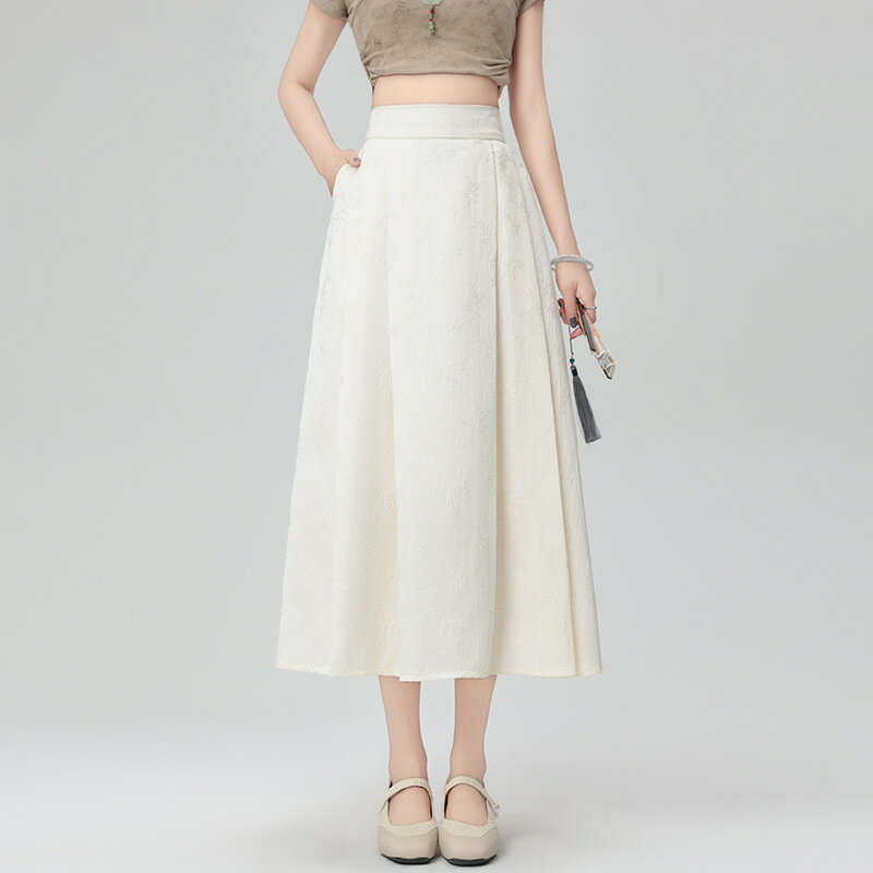 【巴黎精品】現貨+預購 女半身裙長裙A字裙蛋糕裙大碼洋裝休閒大尺碼女裝-高腰提花刺繡百褶2色m1aa31