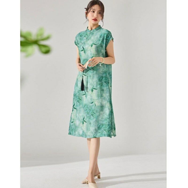 【巴黎精品】連身裙短袖洋裝-竹葉印花旗袍寬鬆女裙子v1bn98