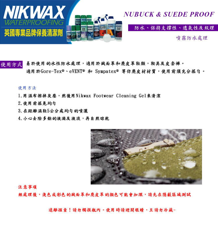 NIKWAX 噴式 擦拭 牛巴戈/反毛皮潑水劑 772 【野外營】125ml 專業機能性 GORETEX撥水劑 1