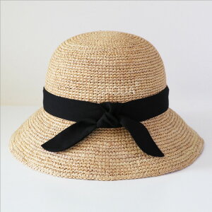 日系手工編織可折疊蝴蝶結草帽夏天沙灘防曬海邊度假遮陽帽太陽帽1入