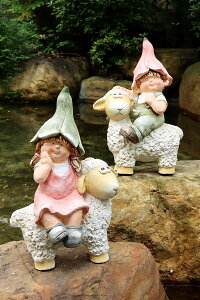 戶外花園騎羊娃擺件庭院布置幼兒園陽臺園藝造景動物草坪院子裝飾