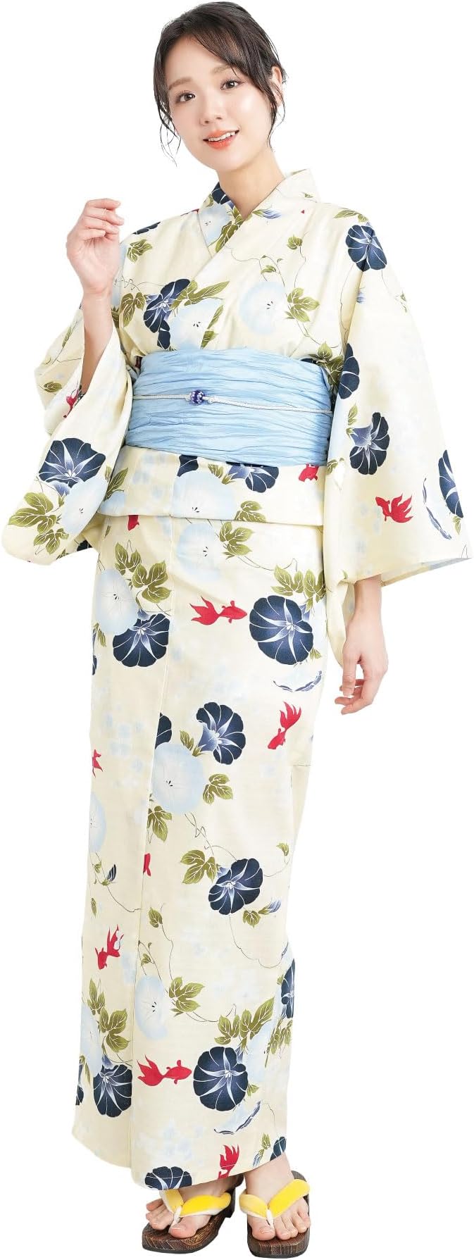 Nishiki【日本代購】和式浴衣+束腰帶2件套 女士成人用 - 朝顔に金魚