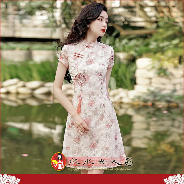 春夏新品雪紡提花甜美風少女短款旗袍中國風改良日常氣質年輕款連衣裙-牡丹(粉色)-水水女人國