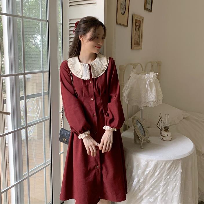 紅裙子復古法式娃娃領仙女裙女ins氣質長袖中長款連衣裙1入