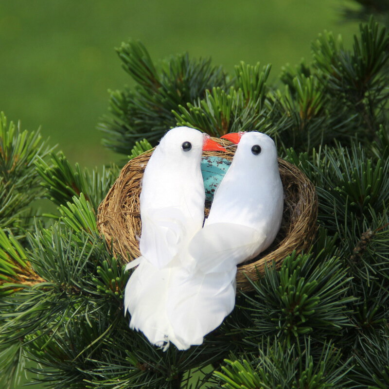 廠家直銷仿真和平鴿婚慶商場裝飾羽毛鳥窩鴿子綠植森系小白鴿鳥窩