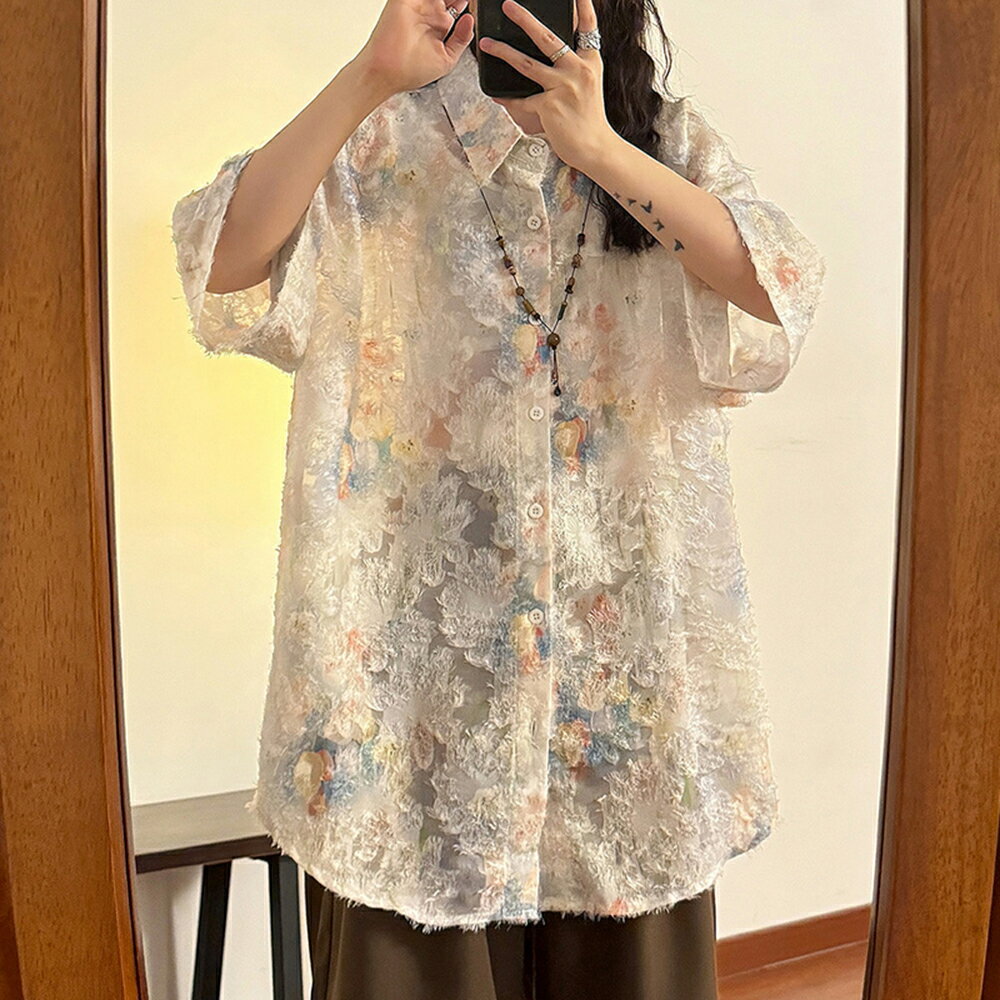 ＊ORead＊復古薄款流蘇花卉印花滿印短袖襯衫(圖片色M~2XL)【限定加碼✿全館滿額再折】
