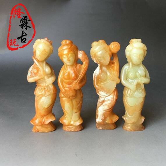 古玩雜項古玉仿古岫玉吹拉彈唱一套 老玉美女把件擺件岫玉工藝品