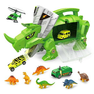 【玩具兄妹】現貨! 恐龍收納車 內附6隻恐龍+4台小車 恐龍運輸車 三角龍 小朋友最愛 車子玩具 模型車 交通造型玩具