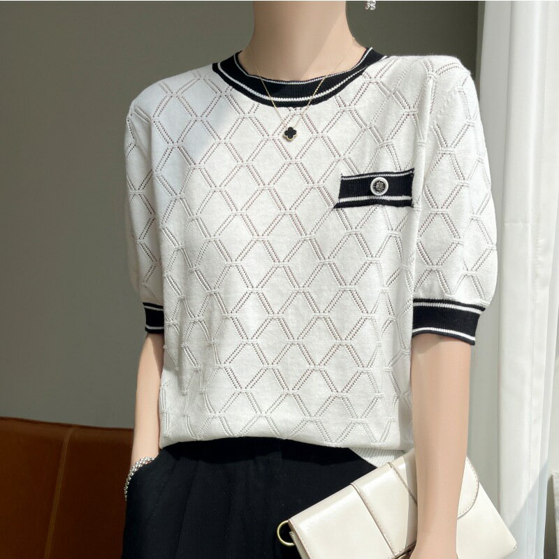 現貨+預購 T恤短袖上衣-圓領菱格鏤空棉麻女裝3色74lc70【獨家進口】【米蘭精品】
