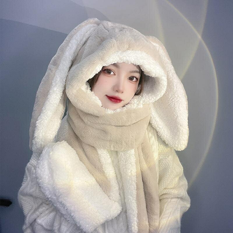 甜美可愛兔耳朵毛絨圍脖冬天防寒保暖連體帽子圍巾手套一體三件套可愛毛帽