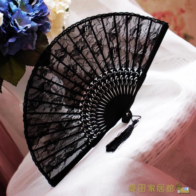摺扇 女士搭配旗袍舞蹈小摺扇黑色蕾絲古風古典復古漢服折疊中國風扇子【摩可美家】