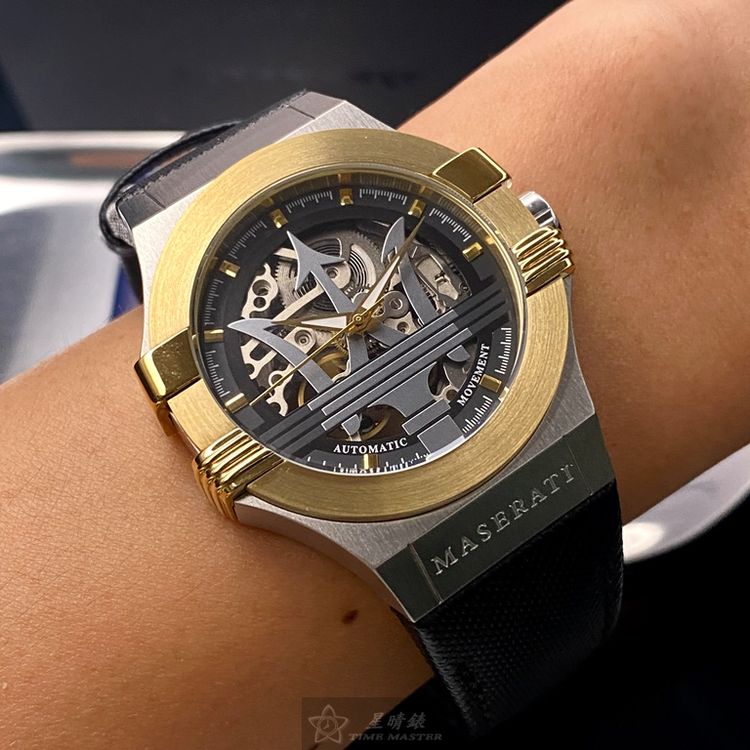 點數9%★MASERATI手錶,編號R8821108011,42mm金銀色六角形精鋼錶殼,銀色機械鏤空鏤空, 中三針顯示, 運動錶面,深黑色真皮皮革錶帶款,立體感十足!, 璀璨奪目!【APP下單享9%點數上限5000點】