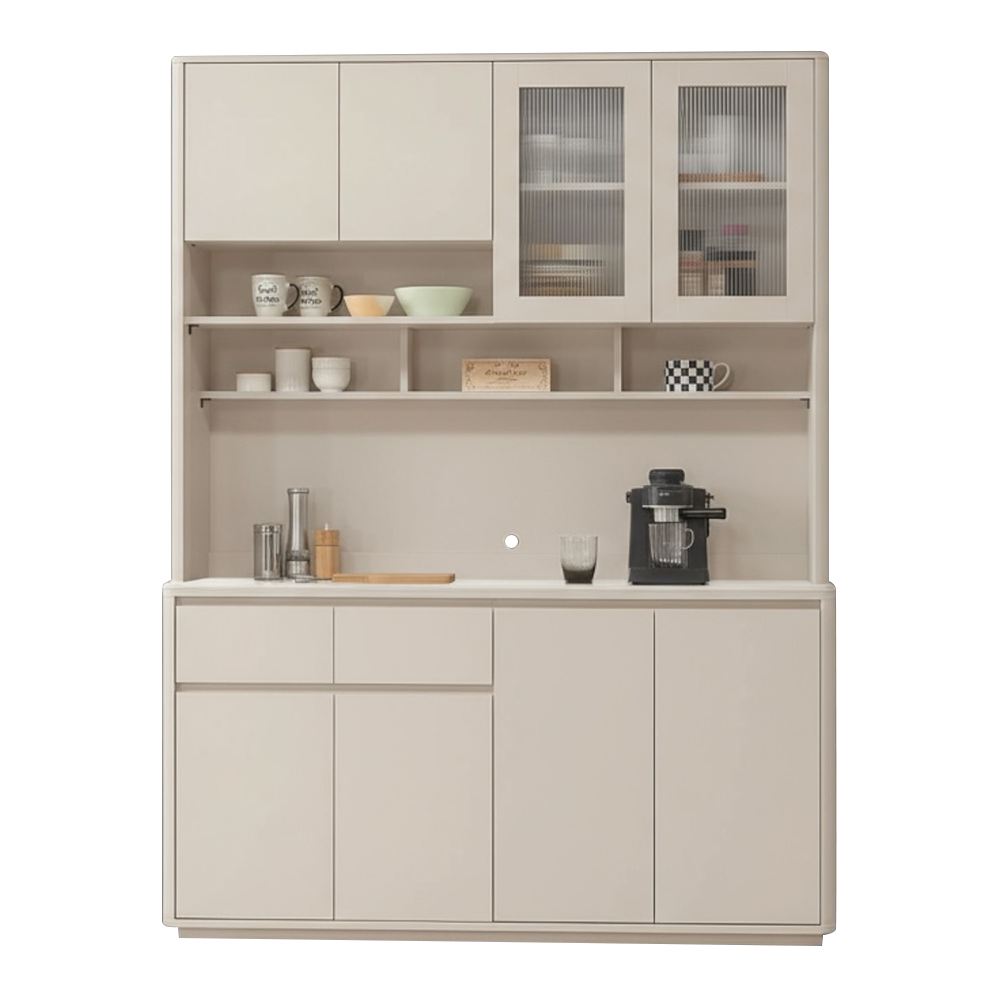 【直人木業】UL莫蘭迪奶油風亮面陶板上下櫥櫃組152公分 2