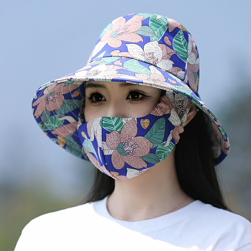 防曬口罩帽子一體女 夏季可折疊漁夫帽媽媽花朵太陽帽幹農活遮陽帽